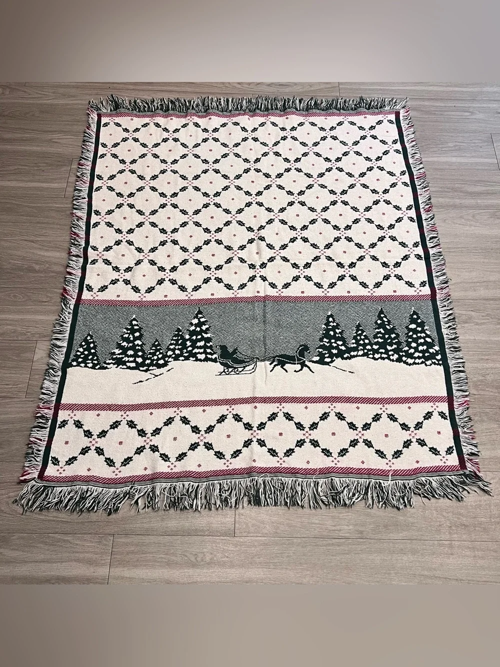 Vintage Christmas Horse Sleigh Woven Throw Blanket Reversible Fringe